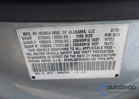 2005 Honda Odyssey Ex-L z USA, uszkodzony, nr VIN 5FNRL387X5B065190